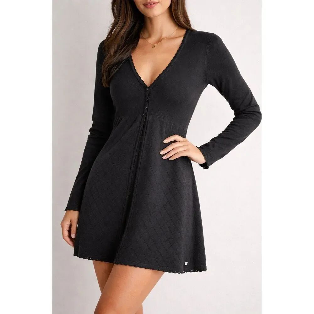 Eternal By Ti Mo Black Cardigan Dress Sz M V-Neck Long Sleeve Knit Button Front